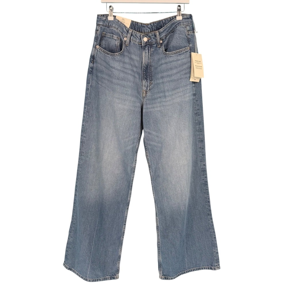 H&M Curvy Fit Wide Leg Jeans‎ Ultra High Waist Blue Size 12 NWT Distressed